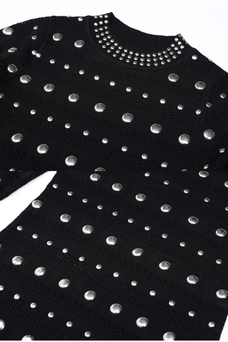 Studded Knit Long Dress – Elegant Long Sleeve Flared Cuff Evening Dress