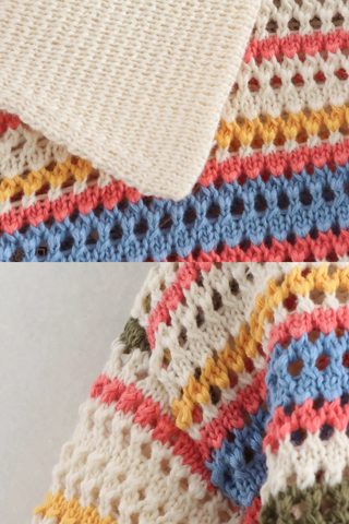 Striped Crochet Knit Two-Piece Set with Short Sleeve Button Top and High-Waist Shorts