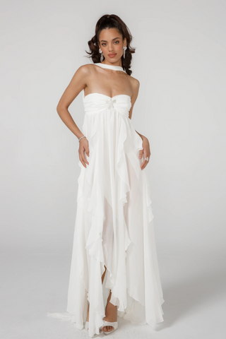Strapless Ruffle Chiffon Long Dress with Rhinestone Starfish Brooch Backless, Layered Flowing Skirt