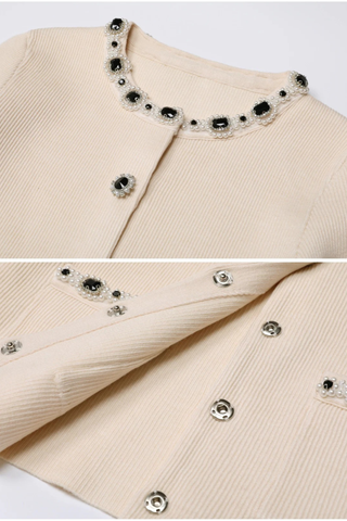 Embellished Pearl and Rhinestone Knit Cardigan with Matching Flared Midi Skirt Set