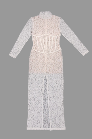 Long Sleeve High-Neck Lace Maxi Dress with Sheer Corset Design