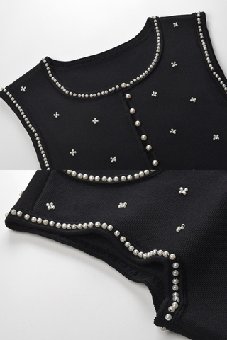 Pearl Accent Knit Two-Piece Set – Sleeveless Crop Top & Mini Skirt
