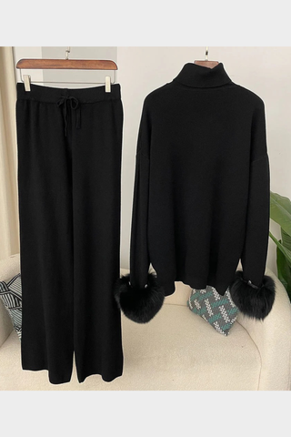 Faux Fur Trim Turtleneck Knit Set – Long Sleeve Top & Wide-Leg Pants