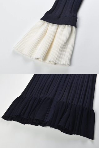 Ribbed Knit Mid-Long Dress with Contrast Pleated Cuffs and Button Front