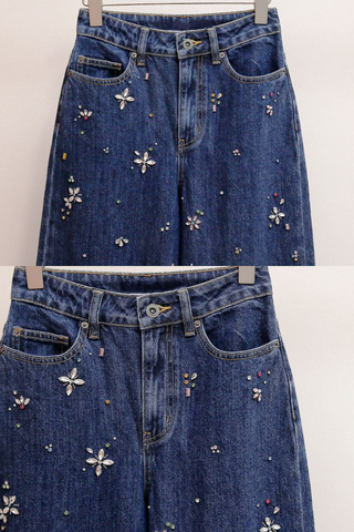High-Waist Embellished Wide-Leg Denim Jeans with Crystal Floral Detailing