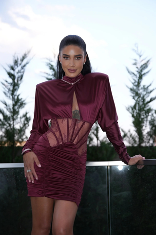 High-Neck Long Sleeve Corset Dress with Lace Panel & Ruched Skirt