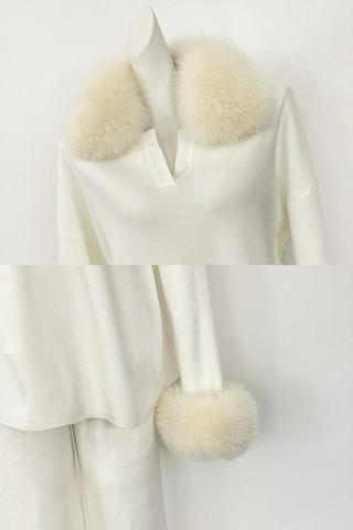 Faux Fur Trim Knit Two-Piece Set – Long Sleeve Top & Wide-Leg Pants