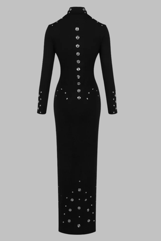 High Neck Long Sleeve Long Dress with Metal Stud Embellishments