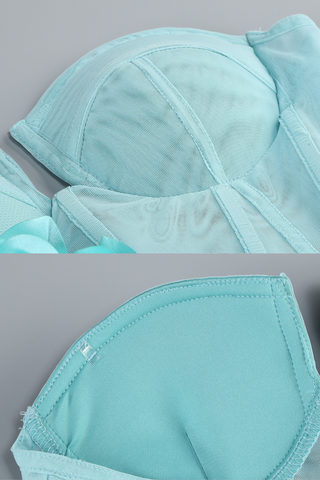 Aqua Tulle Strapless Corse Long Dress with Flower Appliqués and Lace-Up Back