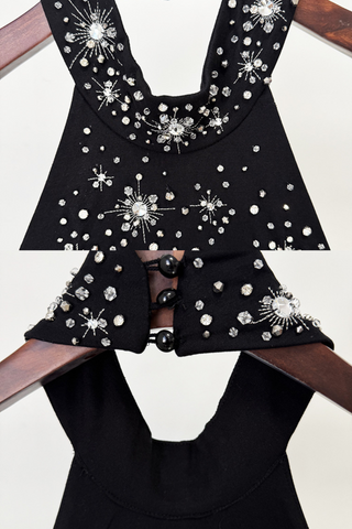 Crystal Starburst Halter Long Dress with Side Slit and High Neck Embellishment