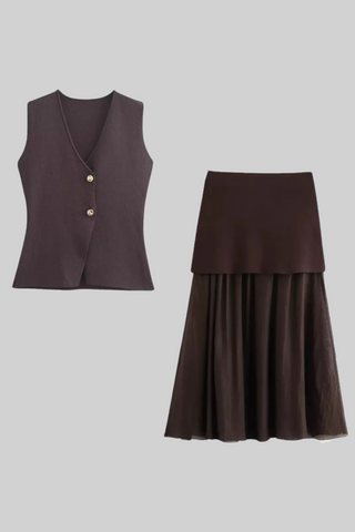 Summer Buttoned Knit Vest & Pleated Long Skirt Set