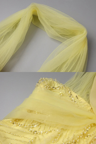 Sleeveless Halter Beaded Yellow Tulle Long Dress – Hand-Embellished Sequins & Pearls, Floor-Length Design