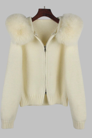 Faux Fur Trimmed Knitted Hooded Cardigan
