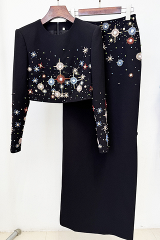 Spark Embellished Long Sleeve Crop Top & High-Slit Maxi Skirt Set