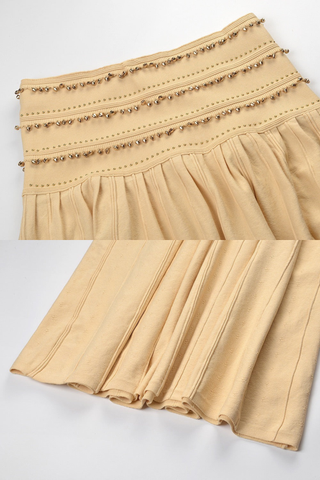 Gold Beaded Short Sleeve Cardigan & Pleated Long Skirt Set
