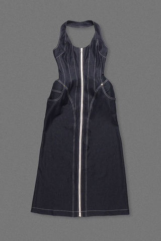 Halter Neck Denim Long Dress with Front Zip and Contour Stitching