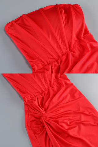 Luxury Strapless Satin Evening Long Dress with Boned Corset and High Slit Twist Draping