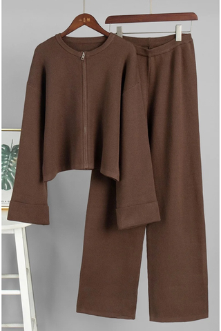 Ribbed Long Sleeve Zip Jacket & Relaxed Pants Co-Ord Set