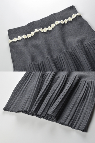 Charcoal Gray Three-Piece Knitted Set with White Floral Trim – Cardigan, Top & Pleated Mini Skirt