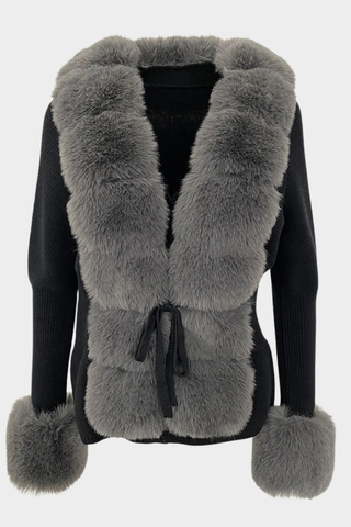 Long Sleeve Knitted Jacket with Faux Fur Trim – Tie-Front Design