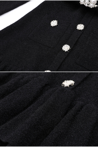 Round Neck Slim-Fit Wool-Blend Mini Dress with Crystal Embellished Buttons