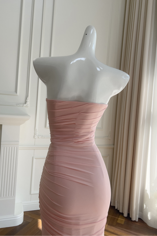 Dusty Rose Draped Mesh Strapless Set with Convertible Scarf & Fishtail Maxi Skirt
