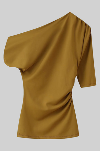 Asymmetric Draped Half Sleeve Top with Metal Accent
