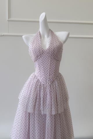 Blush Polka Dot Halter Dress with Tiered Mesh Skirt