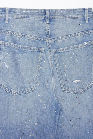 Wide-Leg Rhinestone Denim Pants