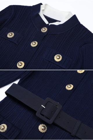 Long Sleeve Ribbed Knit Button-Down Midi Dress with Belt and Contrast Cuffs