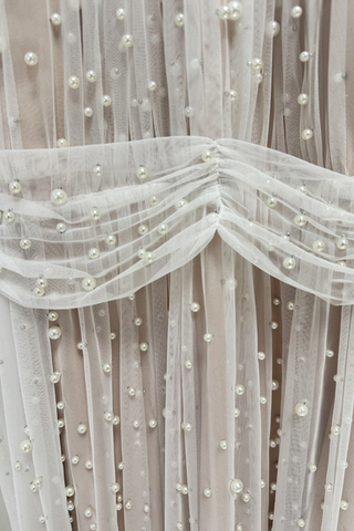 Heavy Pearl-Embroidered Mesh Tulle Long Dress with High Collar and Draped Cape