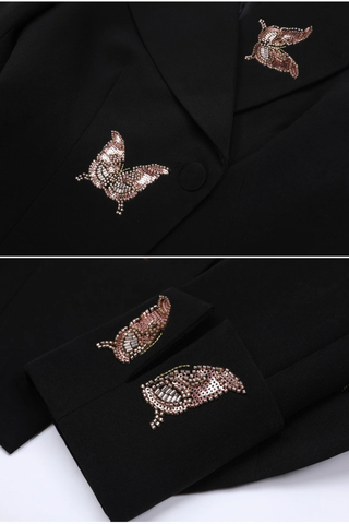 Structured Long Sleeve Tailored Blazer with Hand-Embellished Butterfly Detail
