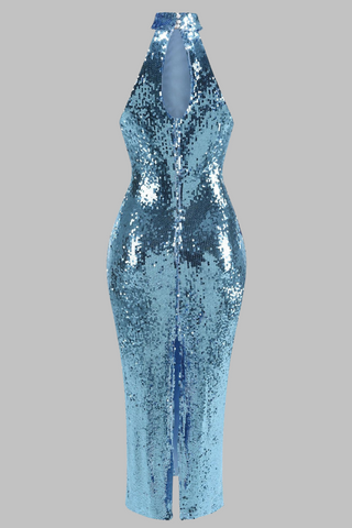 High-Shine Sequin Halter Neck Evening Long Dress with Back Slit and Pearl Button Detail