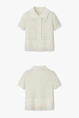 Fringe Hem Knit Set – Crochet Button-Up Top & Ribbed Mini Skirt
