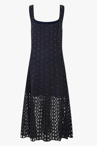 Crochet Knit Midi Dress with Crystal Embellishments & Sleeveless Square Neck Design