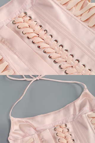 Rosette Bloom Hourglass Corset Mini Dress with  3D Ruffled Skirt in Blush Satin