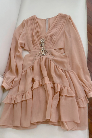 Pleated Chiffon Mini Dress with Long Sleeves and Crystal Embellished Waist