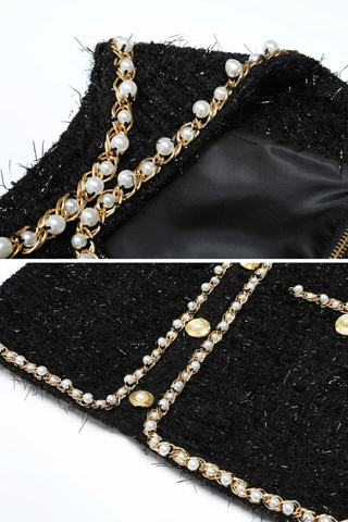 Sleeveless Tweed Mini Dress with Pearl Chain Trim & Structured Fit