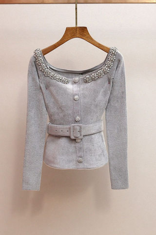 Elegant Velvet Off-Shoulder Top with Rhinestone Neckline and Belt