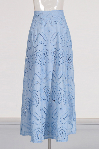 Sky Bloom Embroidered Eyelet Set  Round Neck Crop Top & High-Waist Maxi Skirt