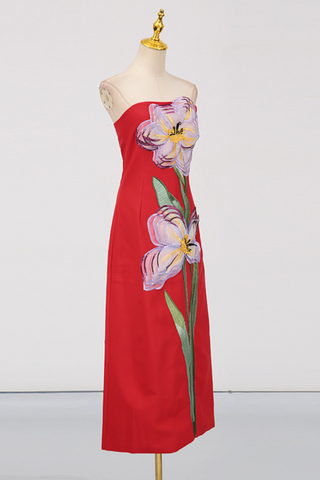 Strapless Floral Embroidered  Multicolor 3D Appliqué Slim Fit Long Dress