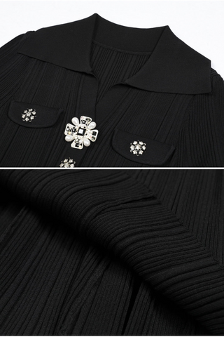 Short Sleeve Knit Long Dress with Rhinestone Buttons and Collar