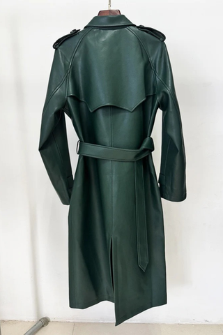 Long Sleeve Double-Breasted Faux Leather Trench Coat with Belt