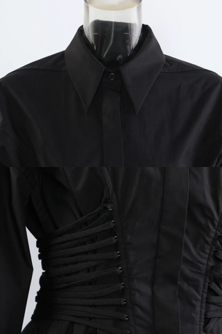 Long Sleeve Corset Waist Button-Up Shirt Dress with Lace-Up Back