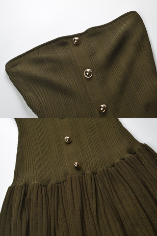 Strapless Pleated Knit Long Dress with Belt – Elegant Stretch Fabric