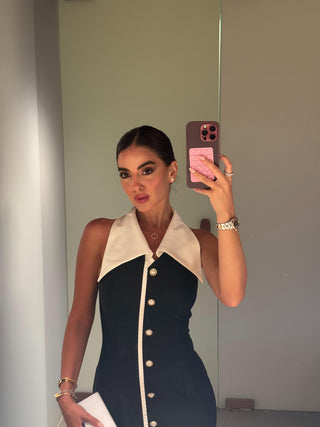 Elegant Long Button-Down Halter Dress with Collar