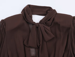 Long Sleeve Tie-Neck Mini Dress in Structured Woven Fabric