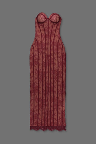 Sheer Lace Corset Strapless Long Dress with Lace-Up Back