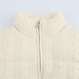Cable-Knit Puffer Jacket with High Neck and Zip Front