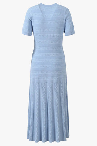 Textured Knit Button-Front Long Dress with Short Sleeves